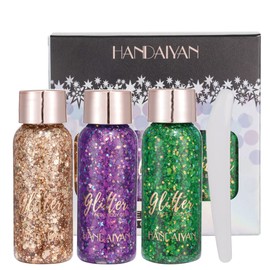 3 Pack HANDAIYAN Holographic Body Glitter Gel Nail Hair Body Face Eye Shadow Mermaid Sequins Chunky Glitter Festival Glitter Makeup for Body, Face, Hair Makeup (Set C)