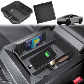 RAINMAX 2PCS Center Console Organizer Tray Compatible with Cybertruck Accessories 2024 2023, ABS Armrest Storage Box Upper+ Silicone Lower Organizer