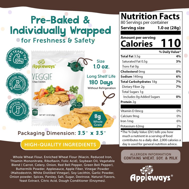 Veggie Crispy Crackers, All-Natural Individually Wrapped Whole Grain Healthy &