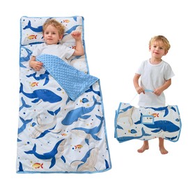 Lasoftan Toddler Nap Mat with Pillow and Blanket, Extra Large Rolled Napping Mats,Slumber Bags for Boys Girls,Kids Sleeping Bag for Daycare, 21" x 50" Preschool Travel Camping - Ocean Whale