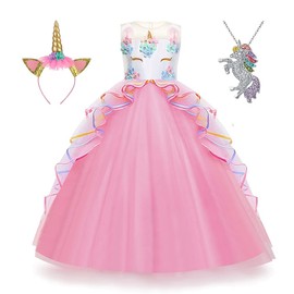 Yipkorra Unicorn Dress for Girls Unicorn Costume Pageant Princess Party Birthday Long Gown with Unicorn Headband & Necklace (Pink, 110 3-4 Years)