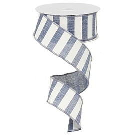 Horizontal Stripe Royal Burlap Wired Ribbon : Blue Denim White - 1.5" x 10 Yards (30 Feet)