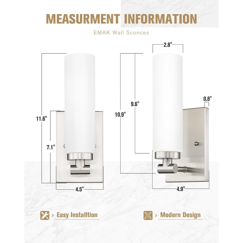 Emak Brushed Nickel Wall Sconces, 2 Light Bathroom Light Fixtures