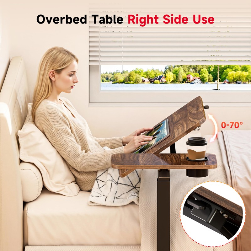 Okin Overbed Bedside Table with Wheels, Adjustable Medical Tilt Top
