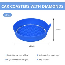 NYTKL 2 PCS Bling Car Cup Coaster, Crystal Rhinestone Cup Holder Insert for Car Interior Decoration, Non Slip Shockproof Silicon Sparkly Drink Met Universal for Most Vehicles (Blue)