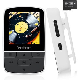 YOTON YOTON MP3 Player with Bluetooth 5.2, 64GB Storage, Mini Size, HiFi Music, with Sports Clip, Independent Volume Control, FM Radio, Includes Headphones, White