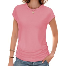 Trendy Womens Summer Tops 2025- Chic Ruched Short-Sleeve Crewneck T Shirts Fashionable Casual Wear(Pink,2XL)
