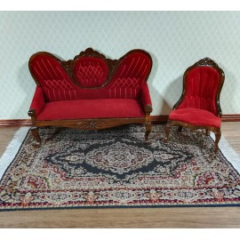 Unbranded Dollhouse Rug Large Navy Blue & Gold 8 1/2" x 5 5/8" with Fringe 1:12 Scale