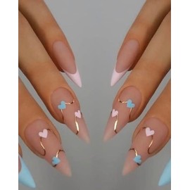 Blue French Tip Press on Nails Medium Almond Fake Nails with Heart Design Gold Line Stick on Nails Glossy Acrylic Full Cover Glue on Nails Stiletto False Nail For Women Manicure