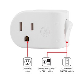 GE Grounded On/Off Power Switch, Plug-In, White, Energy Efficient, Space Saving Design, UL Listed, 15A, 120VAC, 1800W, 25511