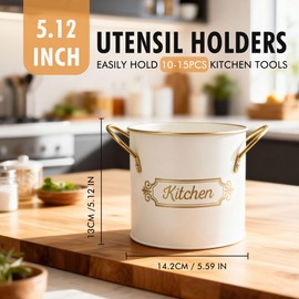 EQEY Kitchen Utensil Holder, 5.1" Metal Cooking Utensil Crock with with Removable Divider, Modern Farmhouse Kitchen Decor, Countertop Utensil Organizer for Spoons Cooking Tools