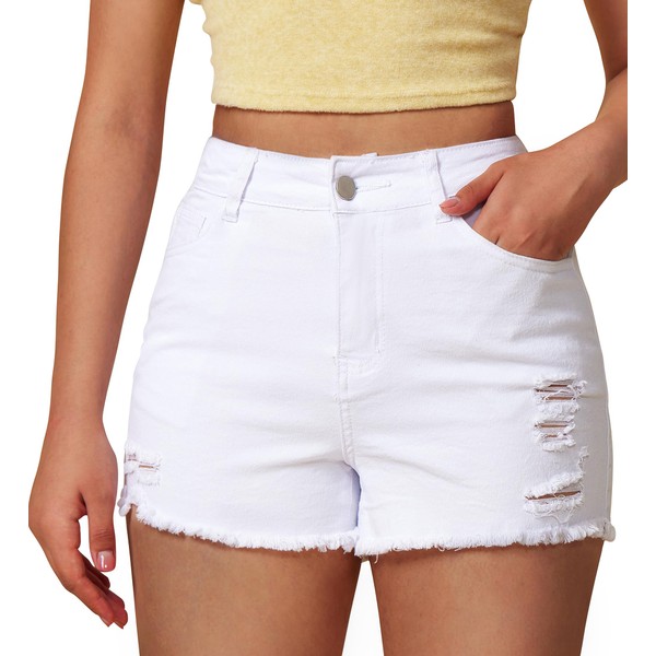 GOBLES Women's Summer Casual Mid Waist Denim Shorts Stretchy Ripped