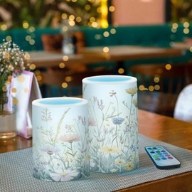 ALAZA Wildflowers Meadow Flower Vintage Cottagecore Flameless Candles Flickering LED Candles with Remote Timer Battery Operated Pillar Candles Set of 2 for Dinner Holiday Decor