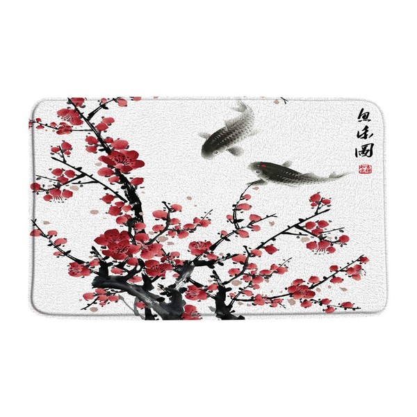Jingjiji Asian Decor Bath Mat Red Plum Blossom Bloom Trees