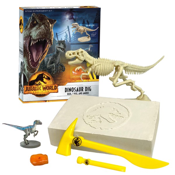 Thames & Kosmos Jurassic World Dominion Dinosaur Dig – Blue, T. Rex & Amber | STEM Excavation Kit from Dig Out Prehistoric Treasures with Custom Jurassic World Tools | Safe, Dust-Free Activity