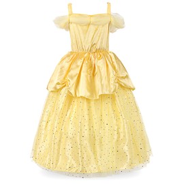 JerrisApparel Girls Princess Belle Costume Sequin Tulle Party Dress, Yellow with accessories