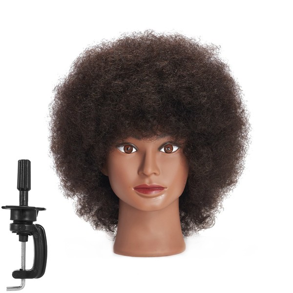 Traininghead 10'' Afro Mannequin Head With 100% Human Hair Training Head Manikin Cosmetology Doll Head For Hairdresser With Clamp Stand (10 inches)