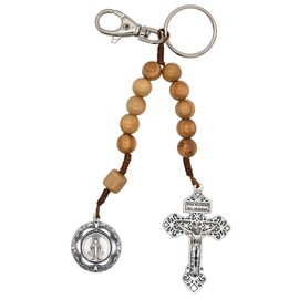 Decade Rosary Keychain with Belt Loop Clip | Wooden Hail Mary Beads, Pardon Cross, and Our Lady of Grace Medal | Great Catholic Gift for Confirmation