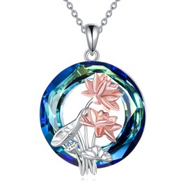 VONALA Daffodil/Lotus/Sunflower Necklace Birth Flower Pendant Necklace Circle Crystal 925 Sterling Silver Jewelry Gifts For Women, Sterling Silver, artificial crystal