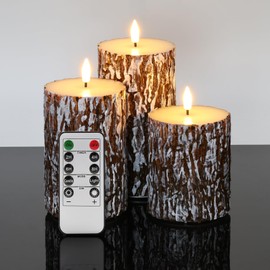 Eywamage Brown Bark Flameless Pillar Candles with Remote, Rustic LED Wood Candles Battery Operated Set of 3