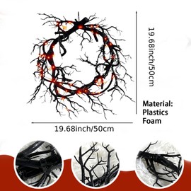 17/20inch Halloween Lighted Black Branch Wreath Decoration for Front Door, Wreath with Orange Light Gothic Indoor/Outdoor Porch Garland Haunted House Decor Christmas Garland Ornament (Large)