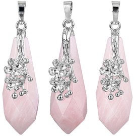 TUMBEELLUWA 3pcs Faceted Crystal Stone Teardrop Necklaces for Women Silvery Flower Charm Quartz Pendants Set with Chains, Rose Quartz