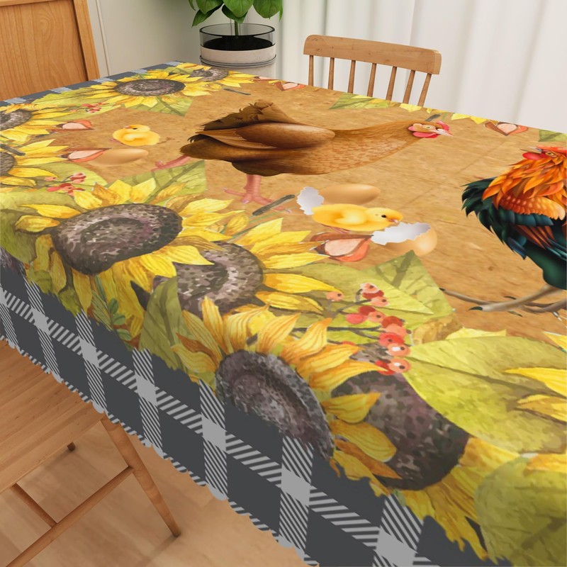 SIEDYCV Sunflower Rooster Tablecloth 52x70 Inch Rustic Roosters Hens Chicks