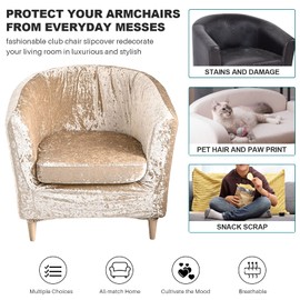 MIFXIN 2 Piece Tub Chair Covers Crushed Velvet Stretch Club Chair Slipcover with Cushion Cover Round Barrel Chair Couch Armchair Furniture Protector for Living Room Club Bar Counter (Gold)