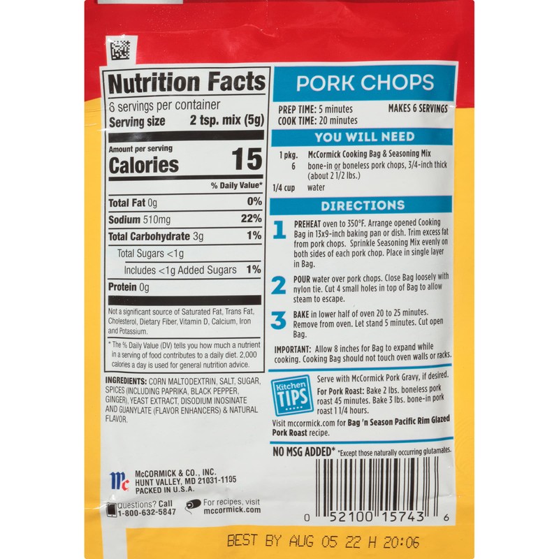 McCormick Bag 'N Season Pork Chops Cooking Bag & Seasoning