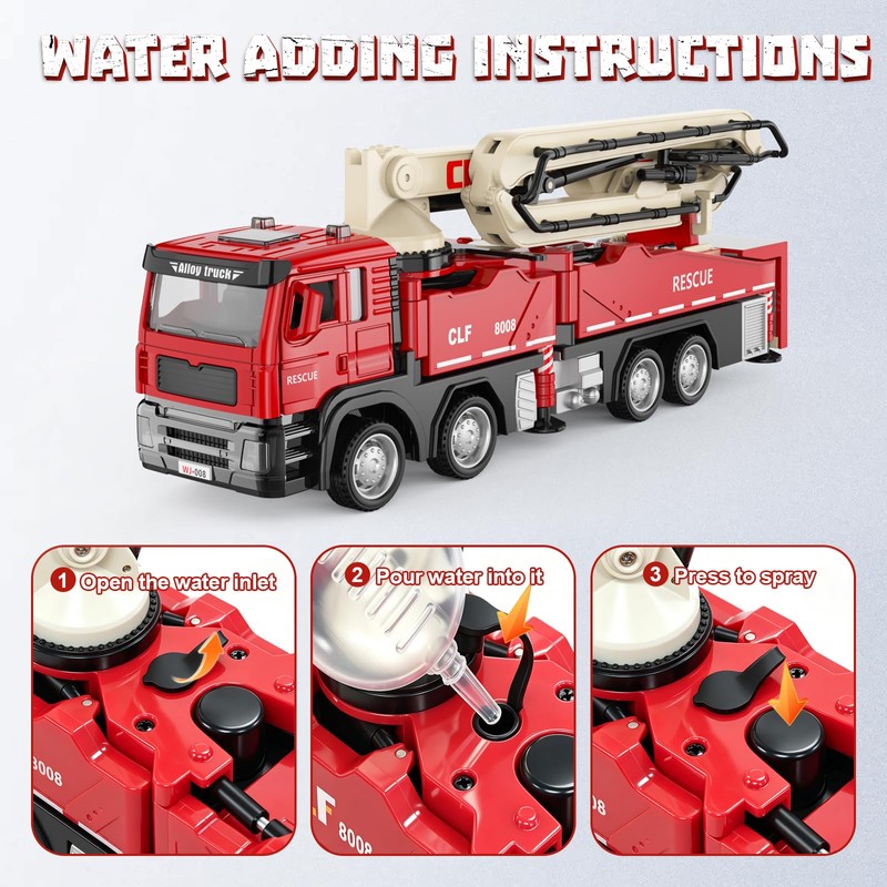 ADTHLIER 1:50 Aerial Fire Truck, Die-Cast Cab, Pull-Back with Lights