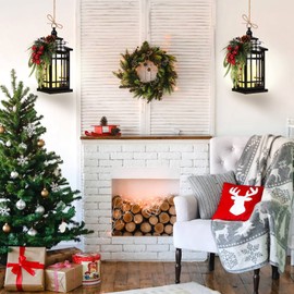 Metal Christmas Vintage Candle Lanterns with Led Light,Plaid Ribbon Decorative Hanging Lantern for Indoor Outdoor Decorations Party Gift,WOKEISE