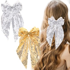 2pcs Sequin Bow Hair Bow Tie Big Glitter Bow Hair Clips,UHOMENY Bow knot Hair Styling Clips Hair Barrettes Wedding Hair Clips Double Bow Sparkly Large Ribbon Headdress Hair Accessories (Silver, Gold)