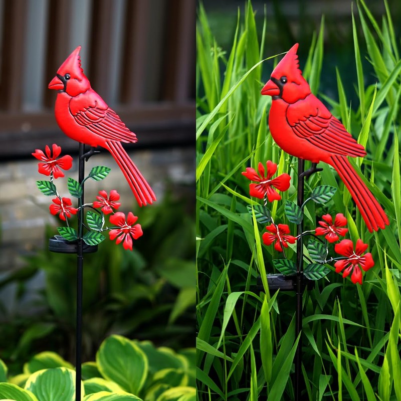 Cardinal Decor Garden Stake,Solar Metal Red Cardinal, Cardinal Bird Figurine