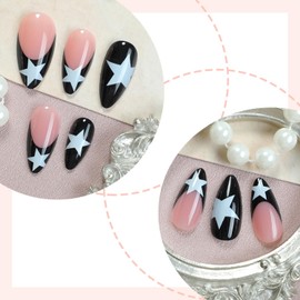 LWTZLW Black French Tip Press on Nails Medium Almond False Nails with Star Design Full Cover Glue on Nail Reusable Acrylic Fake Nails Glossy Artificial Stick on Nail for Women