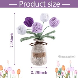 Framendino, Cute Crochet Woven Tulips Finished Hand Simulation Plant Flowers Purple Bouquet for Table Ornament Gifts