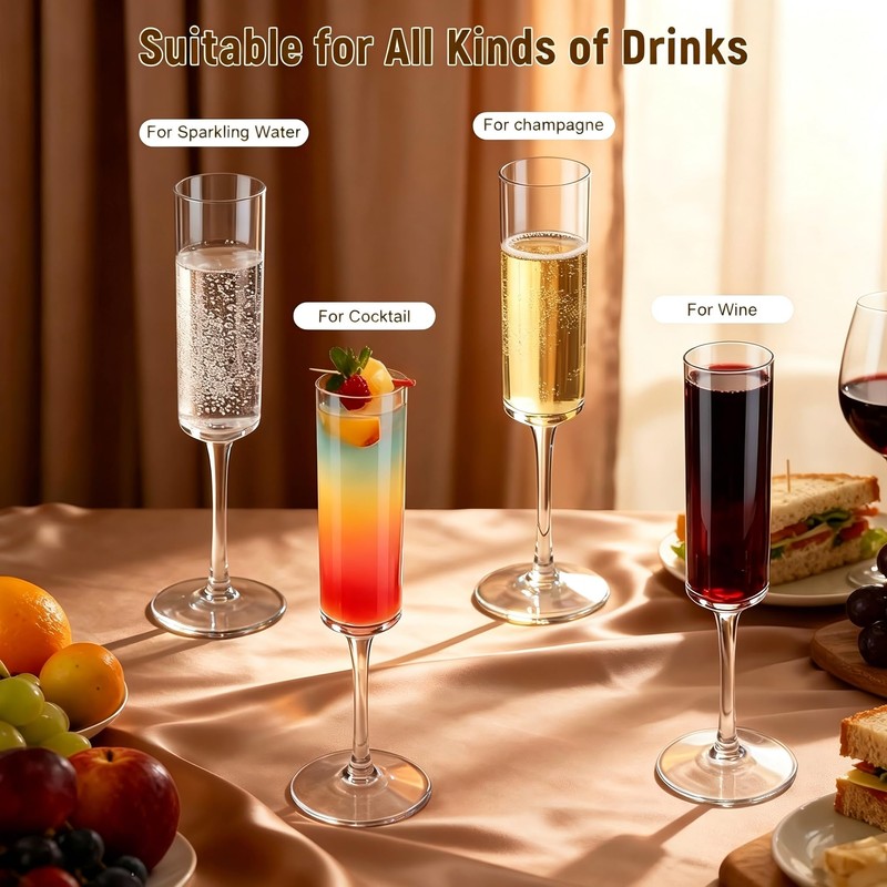 Plastic Champagne Flutes, Disposable Stemless-Look Glasses with Long Stems, Clear