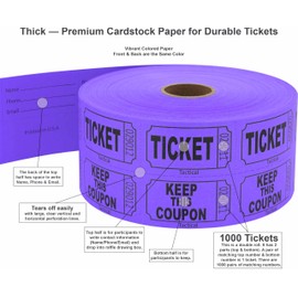 1000 Tacticai Raffle Tickets, Purple (1 of 8 Colors), Double Roll, Ticket for Events, Entry, Class Reward, Fundraiser & Prizes