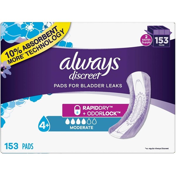Always 80330797 Discreet Incontinence Pads, Moderate Absorbency, 153 pads