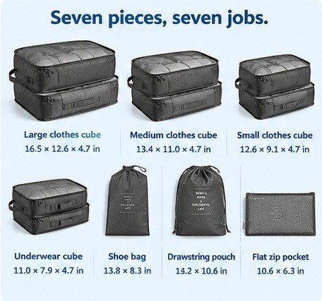All seven pieces shown flat with their measurements