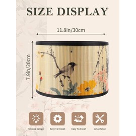 Bamboo Lampshade Drum Shape with Floral Print - Easy Click Closure for Table Lamp, Bedroom & Living Room - Medium (Diameter 30 cm) (TYPE A)