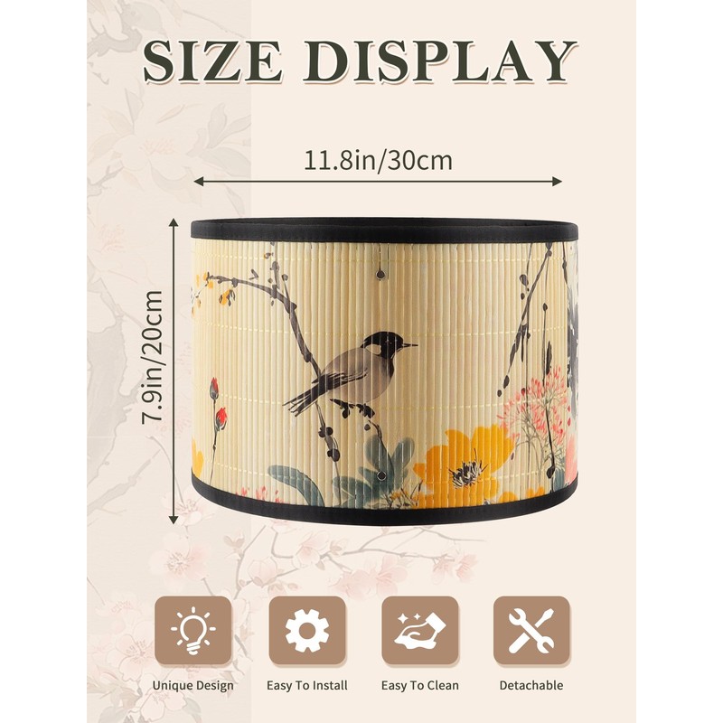 Bamboo Lampshade Drum Shape with Floral Print - Easy Click