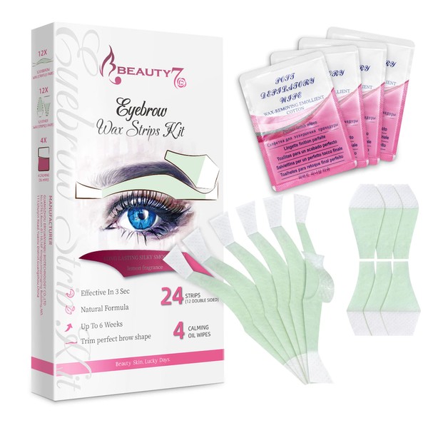 Beauty7 Wax Strips for Eyebrow, 12pcs Double Sided Strips with 4pcs Cleaner Oil Wipes, Cold Wax Strips Facial Hair Removal