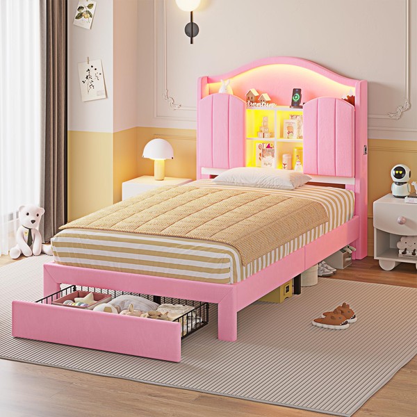 HAUOMS Twin Bed Frame with Drawer & LED Lights, Princess