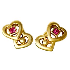 Rapport Selection Keyes Vintage Earrings, Made in Canada, 22KGP Double Heart 105646, Brass Rhinestone, No Gemstone