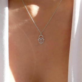 Allereya Vintage Crystal Hamsa Hand Pendant Necklace Rhinestone Buddha Palm Tree Necklace Gold CZ Hamsa Hand Choker Necklace Retro Hamsa Hand Necklace Jewellery for Women and Girls (Gold), Zinc, No