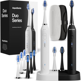 AquaSonic DUO - Dual Handle Ultra Whitening Electric ToothBrushes - 40,000 VPM Motor & Wireless Charging - 3 Modes with Smart Timer - 10 DuPont Brush Heads & 2 Travel Cases Included