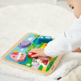 Janod - Chunky Puzzle - The Vehicles - FSC Wood - 7 Pieces - Promotes Fine Motor Skills, Concentration and Imagination - From 18 Months, J07124