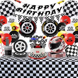 Race Car Party Decorations Tableware - 107 Pieces Birthday Supplies, Happy Birthday Banners, Pennant, Racing Tire Balloons, Black and White Checkered Tablecloths Plates Cups Napkins for Kids Boys Men