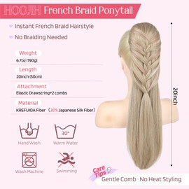 HOOJIH Ponytail Extension, 20 Inch Long Braid Drawstring Clip in on Ponytail Hair Extensions Synthetic Hairpiece for Women - Light Golden Blonde with White Blonde