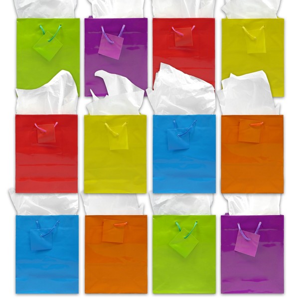 Colorful Gift Bags | 9" x 7.5" x 3.5" | Glossy Neon Colored Paper Party Bag | Blank Assorted Bright Rainbow Set with Rope Handles | Special Occasion, Event Supplies, Snacks, Arts and Craft (12 - Pack)